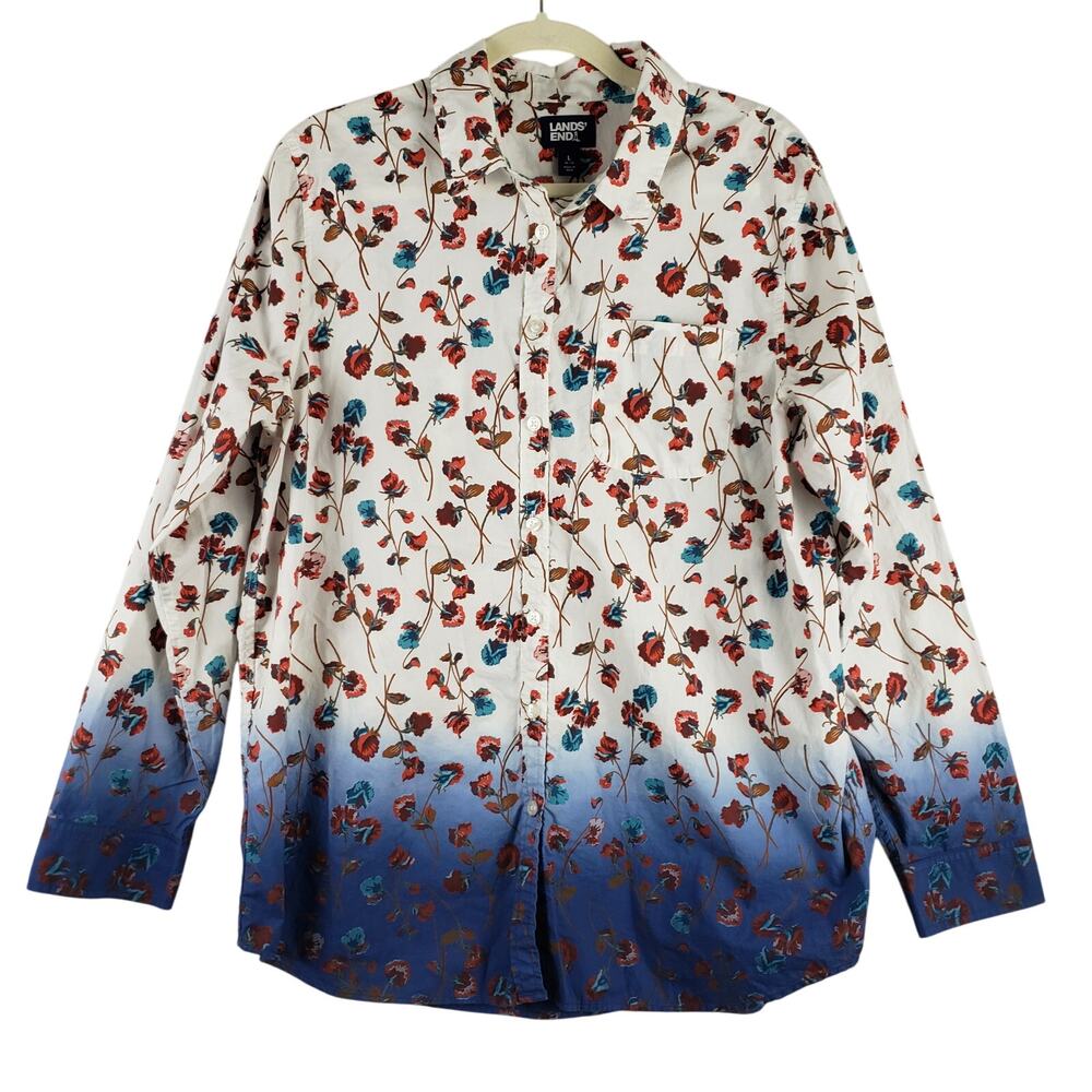 Land's End Size L Long Sleeve Floral Button Up Blue Dip Dye‎ Cottagecore Cotton